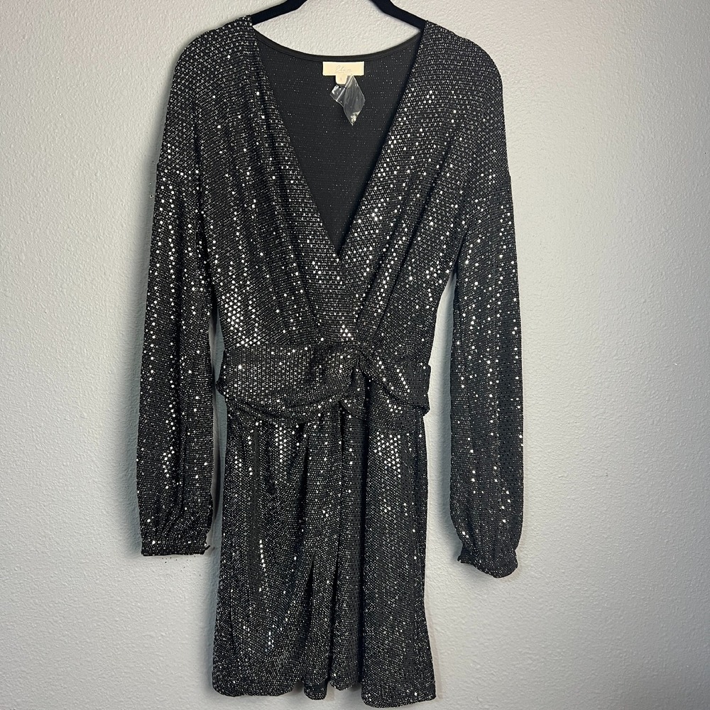 Elan All Over Sequin Above Knee Wrap Long SL Party Cocktail Sparkle Black Size S